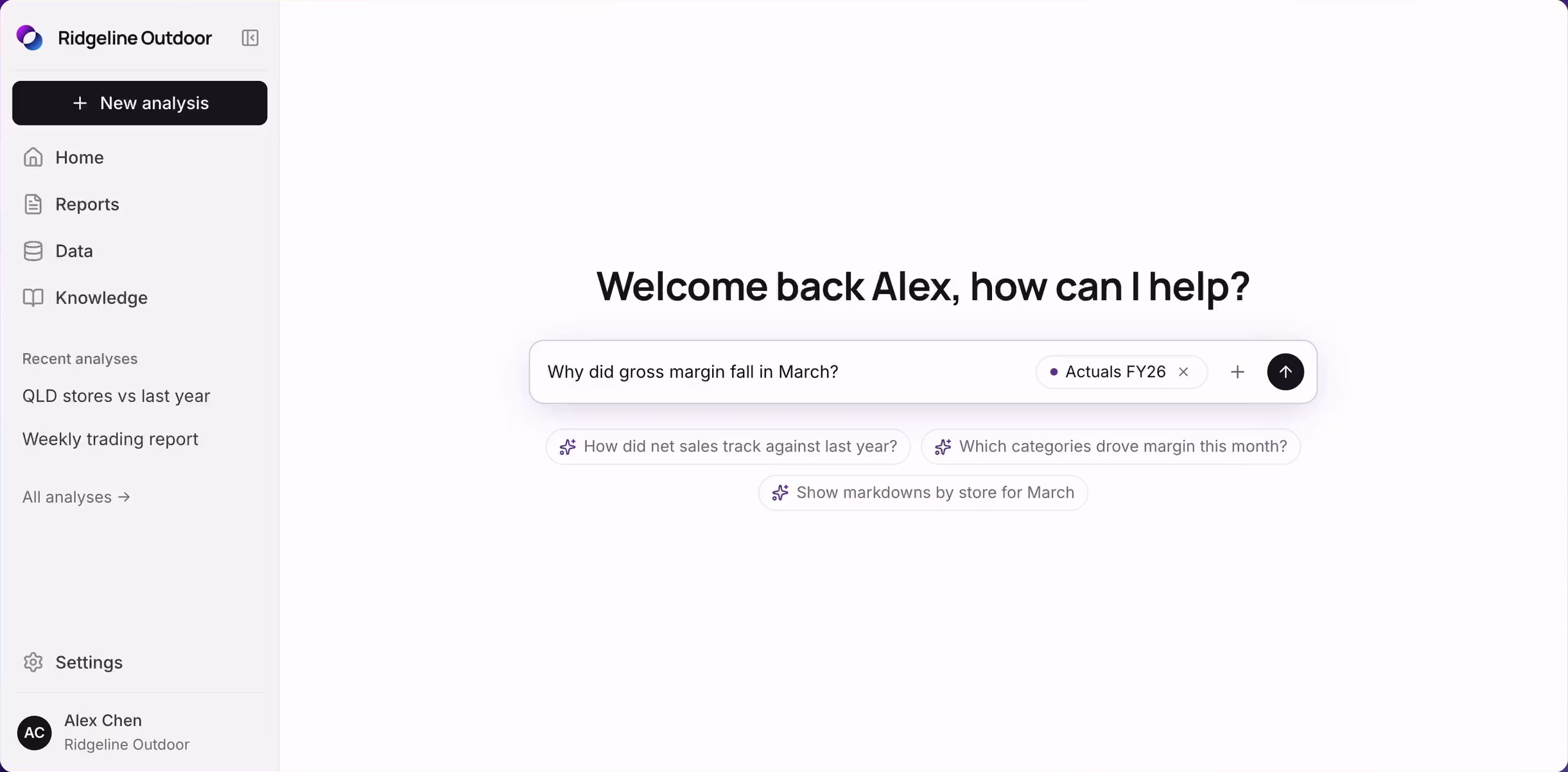 Uptio's home screen: Welcome back Alex, how can I help? A question typed in the chat box, with suggested questions below.